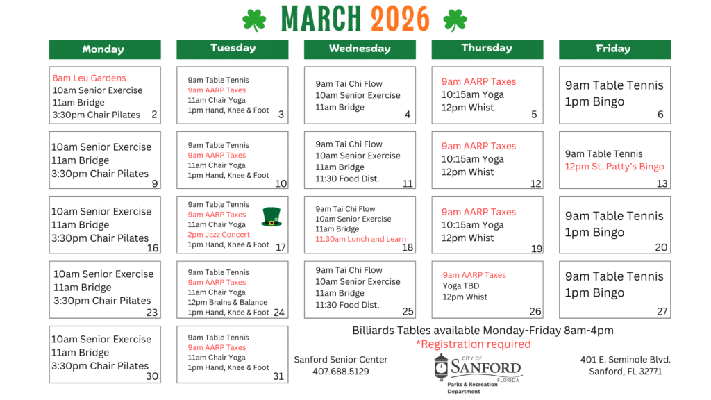 Senior Center March 2026 activity calendar