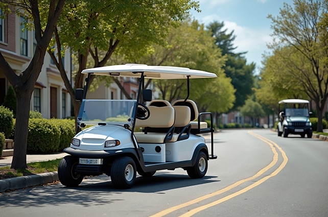 White golf cart parked on street