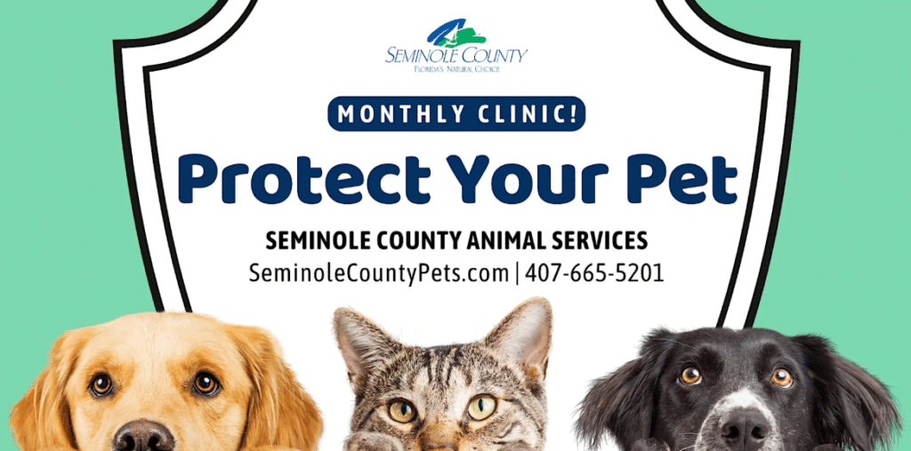 Flier for Seminole County Animal Services Protect Your Pet monthly service for 1/2 price rabies vaccines and microchips