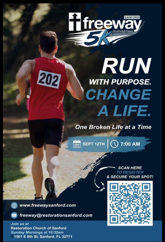 Flier for Freeway Ministries 5K on September 12th at 7 AM in Ft. Mellon Park.