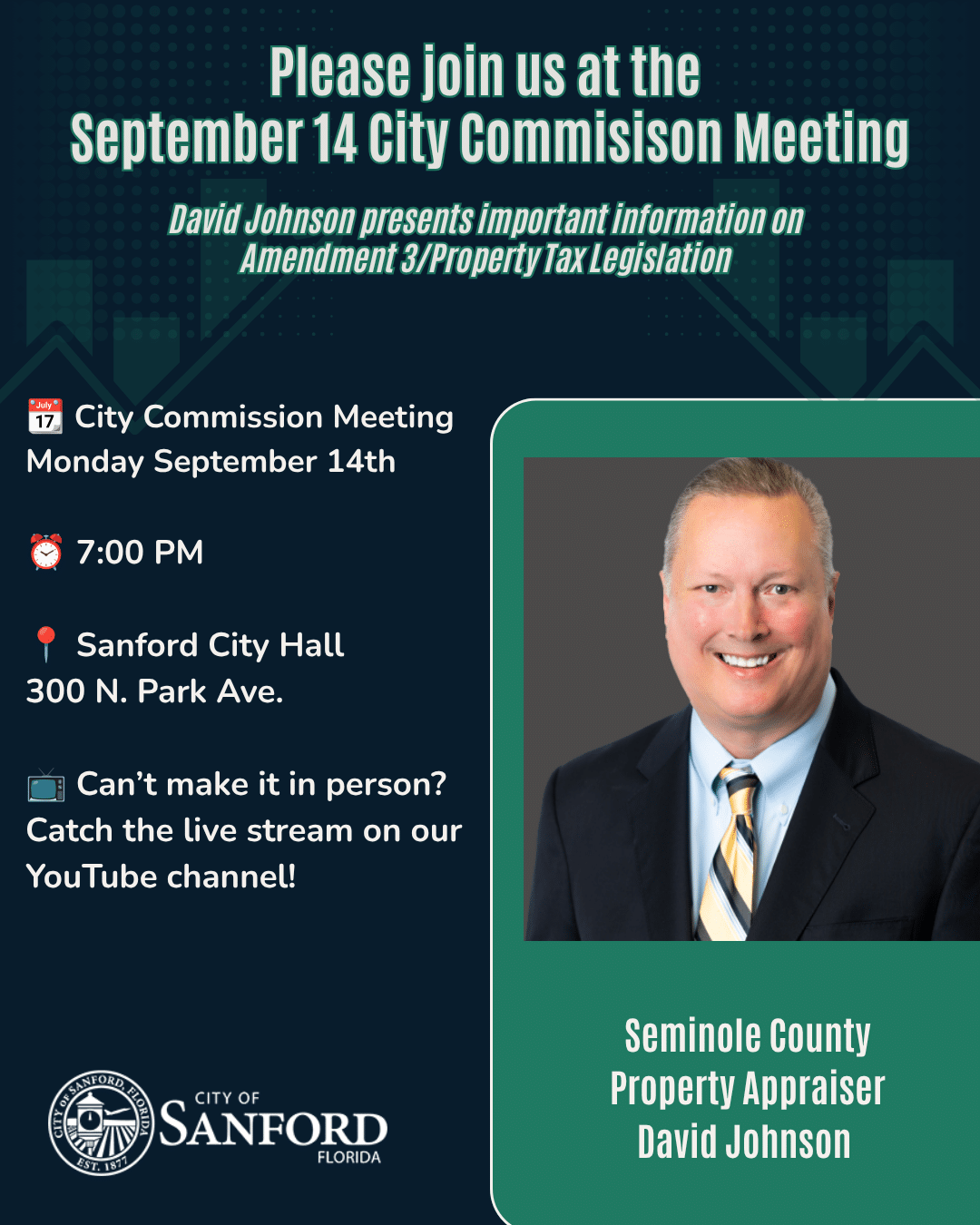 Seminole County Property Appraiser David Johnson to Speak at September 14 City Commission Meeting