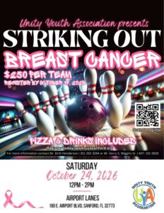 Unity Youth Association Flier for Striking Out Breast Cancer Bowling Event on Noon - 2 PM on Saturday, October 24, 2026.