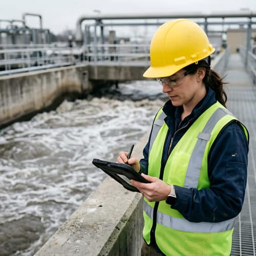A female worker wearing a yellow hard hat, safety glasses, a blue jacket, and a high-visibility lime green reflective vest standing on a metal catwalk at a water treatment facility. She is holding a stylus and entering data on a rugged digital tablet while standing beside concrete aeration basins with churning, foamy water in the background.